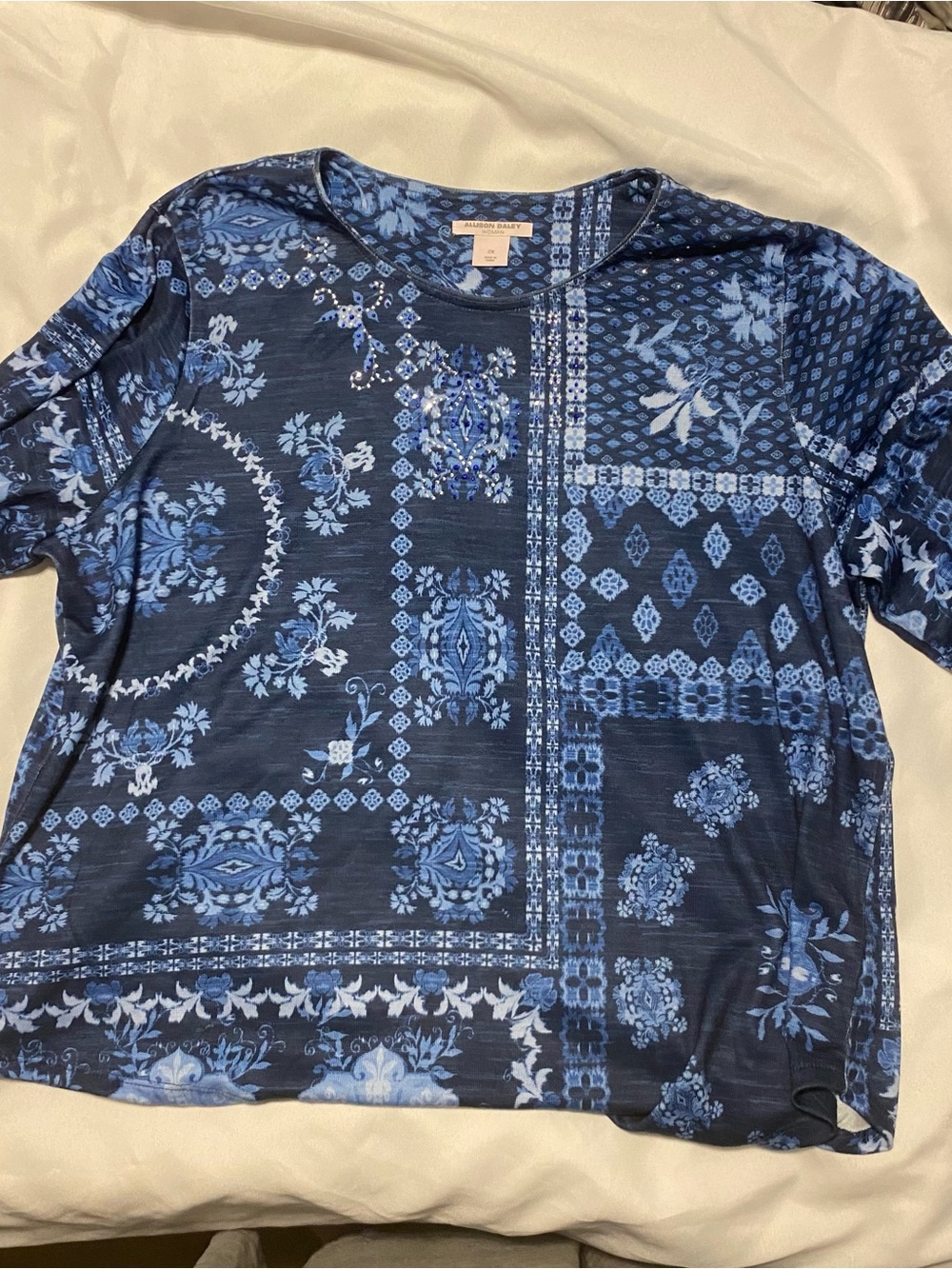 Allison Daley Blue Multi-Tone Patchwork Print Knit Top with Rhinestones